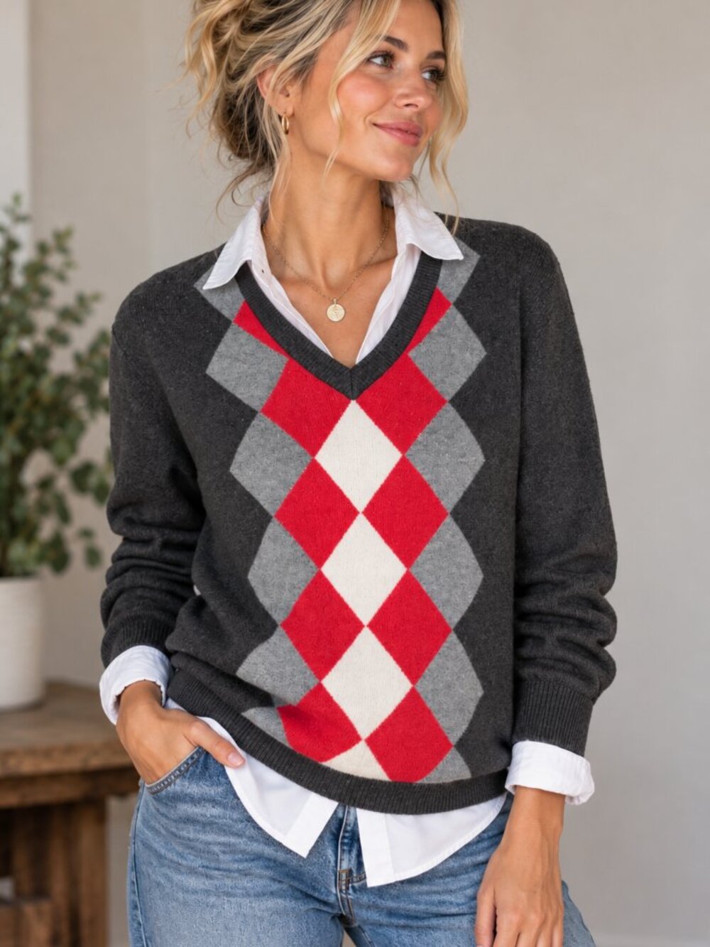 Contemporaine Simons 100% Cotton Argyle V-Neck Sweater M
